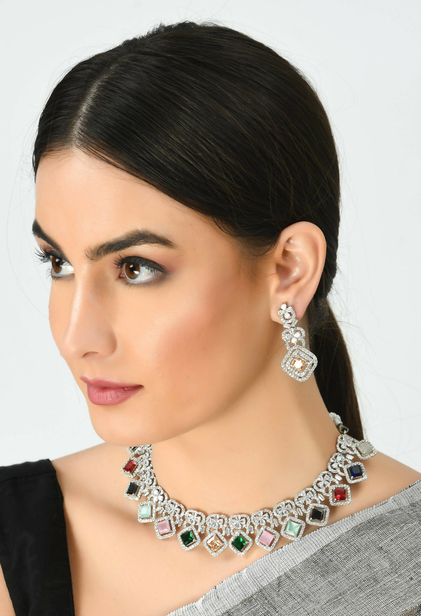 Mominos Fashion Johar Kamal Women Silver-Plated American Diamond Multi Colour Choker Set