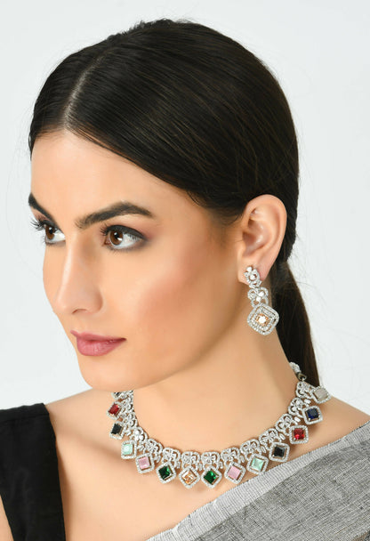 Mominos Fashion Johar Kamal Women Silver-Plated American Diamond Multi Colour Choker Set