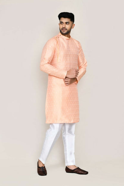 Joban Fashion Peach Colored Jacquard Silk Fabric Kurta With Straight Fit Pant