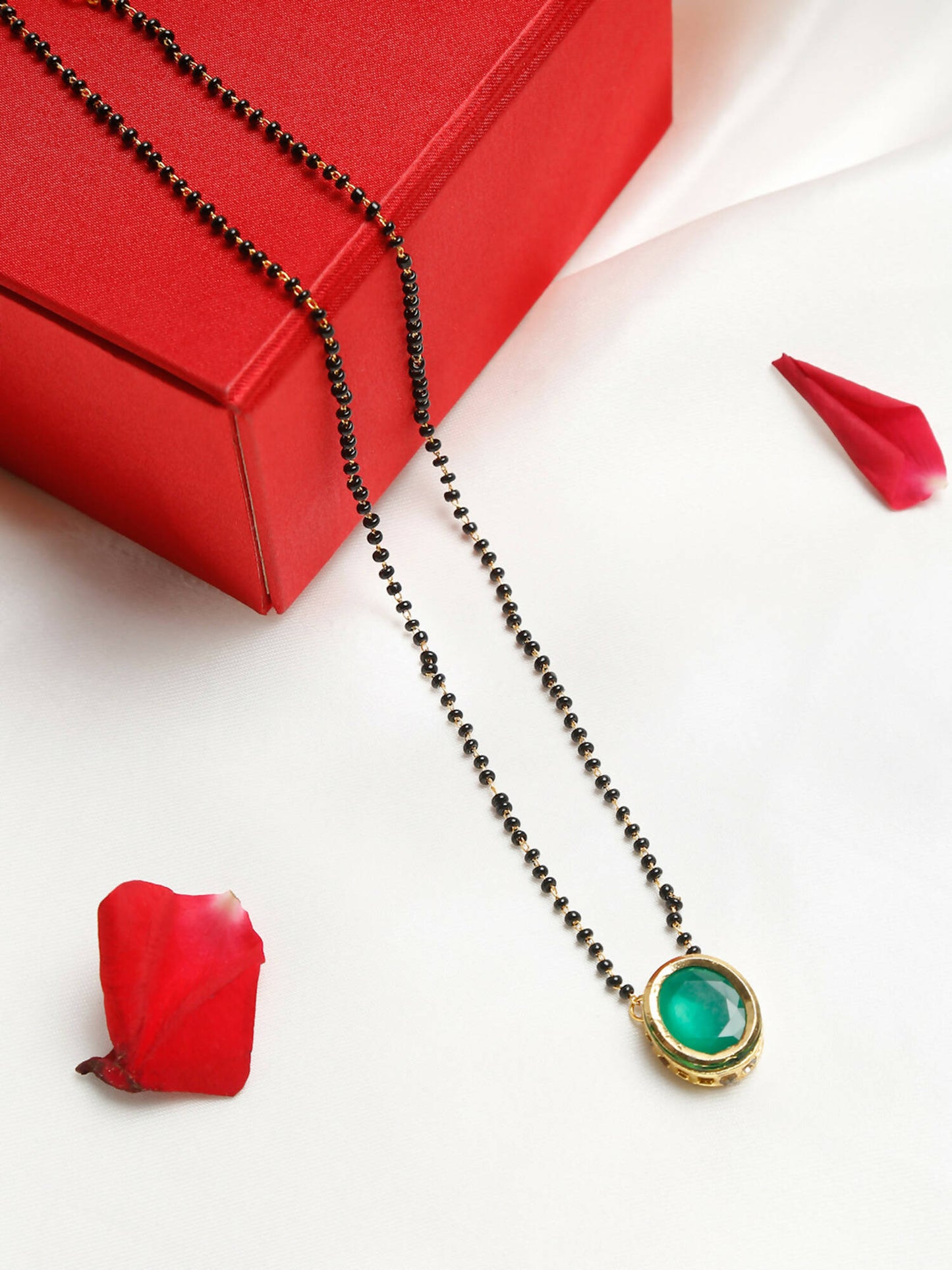 Gold-Polished Black Beaded Green Kundan Studded Handcrafted Mangalsutra - Ruby Raang