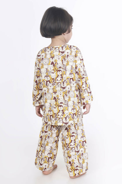 Breathables Sunny Yellow Animal Print Cotton Night Suit For Kids