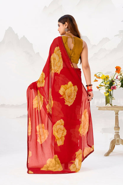 Vastranavya Red Floral Print with Lace Border work Chiffon Saree & Unstitched Blouse