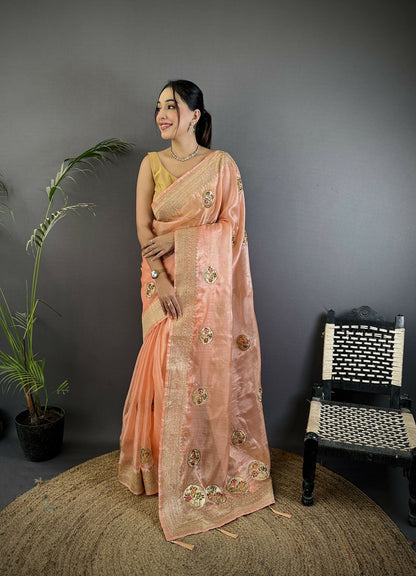 Joban Fashion Peach Handloom Banarasi Organza Silk Khatali Butta Work Saree