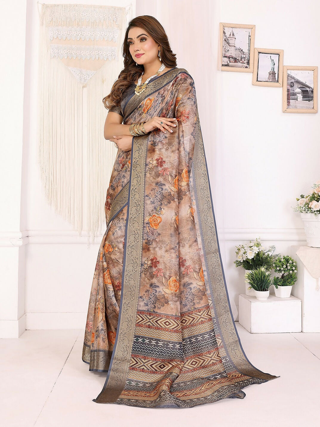 Joban Fashion Grey Floral Print pattern Banarasi Silk Sarees