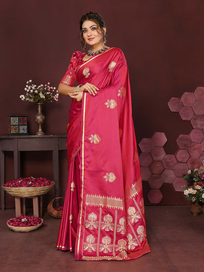 Joban Fashion Pink Floral Motifs Banarasi Silk Sarees