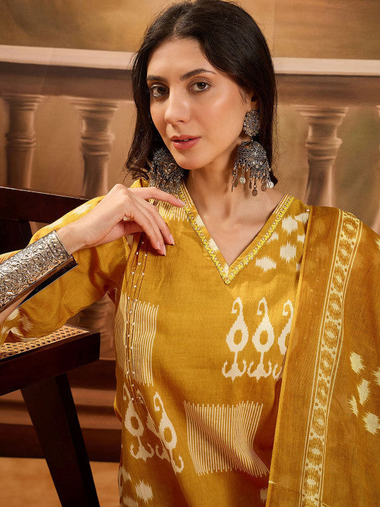 Sangria Geometric Printed V Neck Pure Cotton Straight Kurta With Trousers & Dupatta