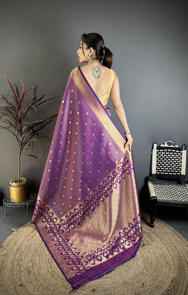 Elora Purple Banarasi Soft Silk Checked Body With Floral Motifs South Pattu Saree