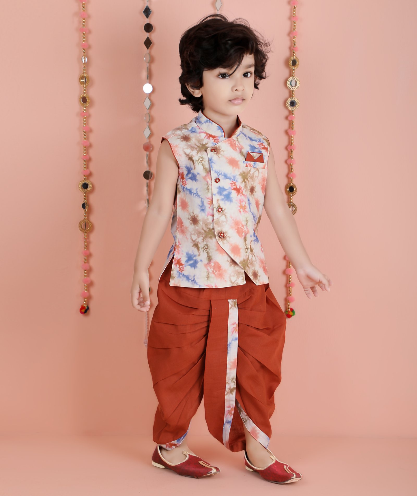 Joban Fashion Kids Island Cotton Sleeveless printed Kurta and Solid Dhoti - Rust