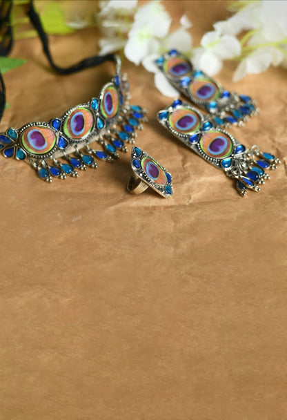 Mominos Fashion Johar Kamal Oxidised Silver-Plated Brass Finish Peacock Wings Choker For Women