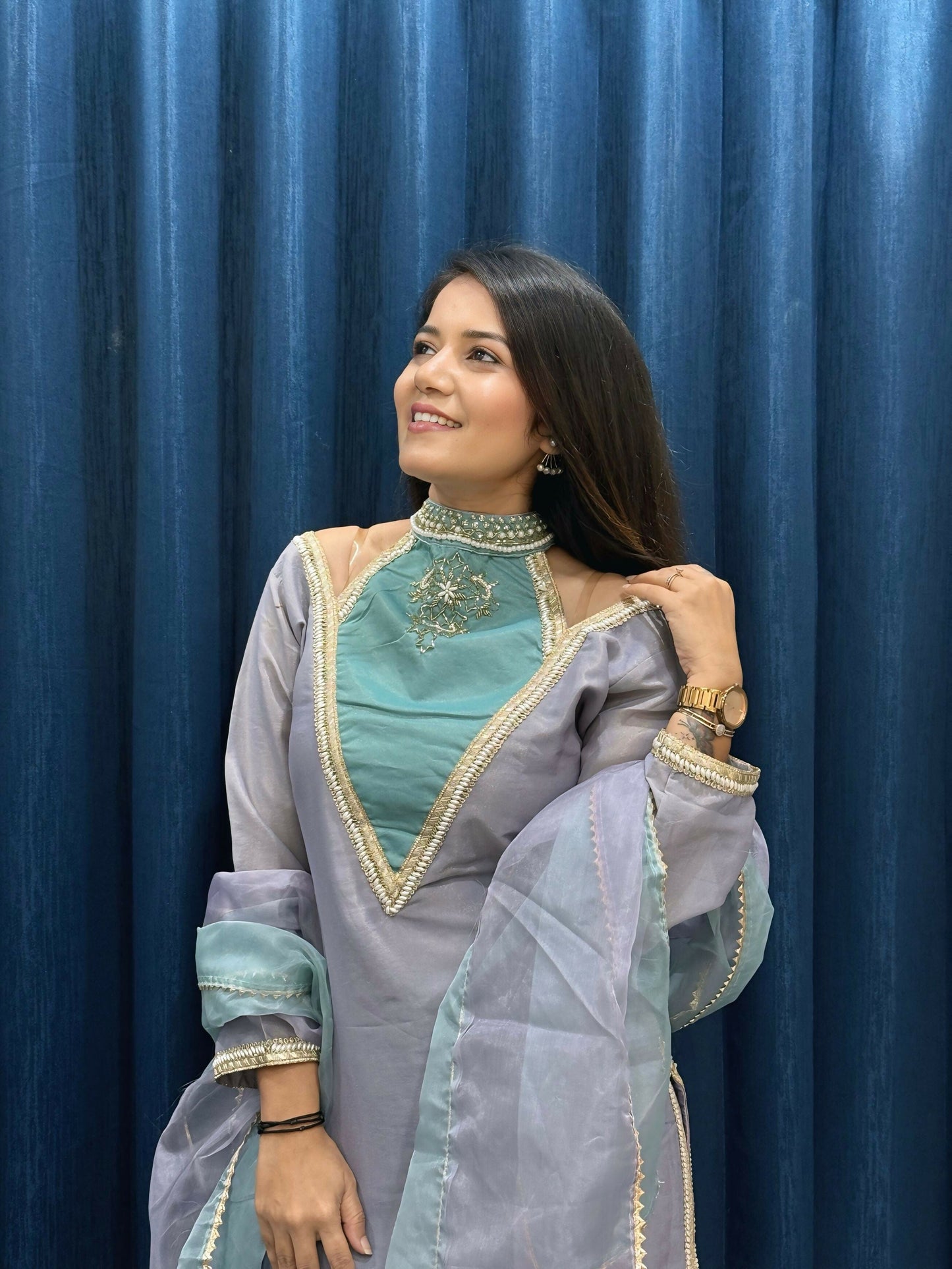 Anaita Blue Roman Shimmer Readymade Kurti Set with Designer Handwork