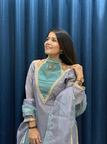 Anaita Blue Roman Shimmer Readymade Kurti Set with Designer Handwork