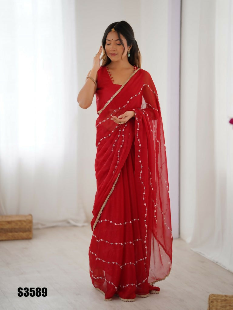 Red Sitara Chiffon Designer Beads Moti,Val Sequence Work Saree - Noorie