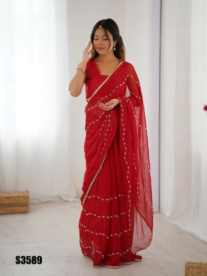 Red Sitara Chiffon Designer Beads Moti,Val Sequence Work Saree - Noorie