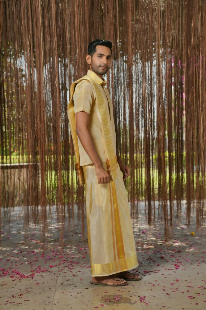 Gold Tissu Kanjivaram Machien Embroidered Pattu Set by Hilo Design