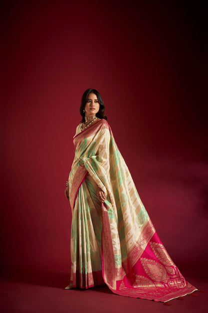 Joban Fashion Cream & Sea Green Plain With Weaving Border Banarasi Silk Sarees