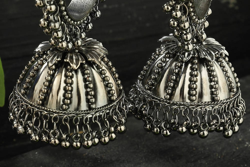 Mominos Fashion Johar Kamal Oxidised Silver-Plated With Ghungroo Jhumkas