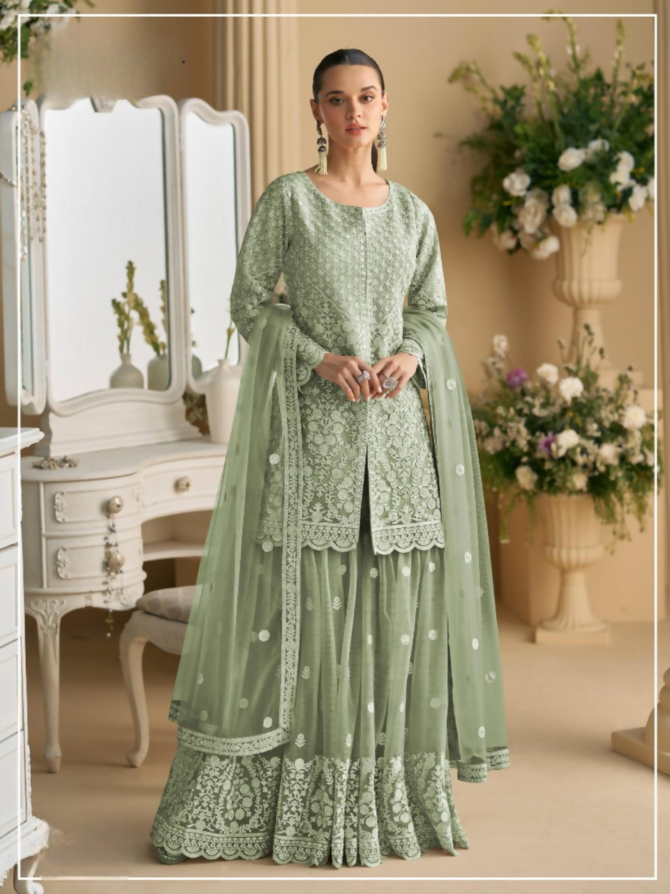 Anaita Green Heavy Net Readymade Suit with Embroidery & Sequence Work