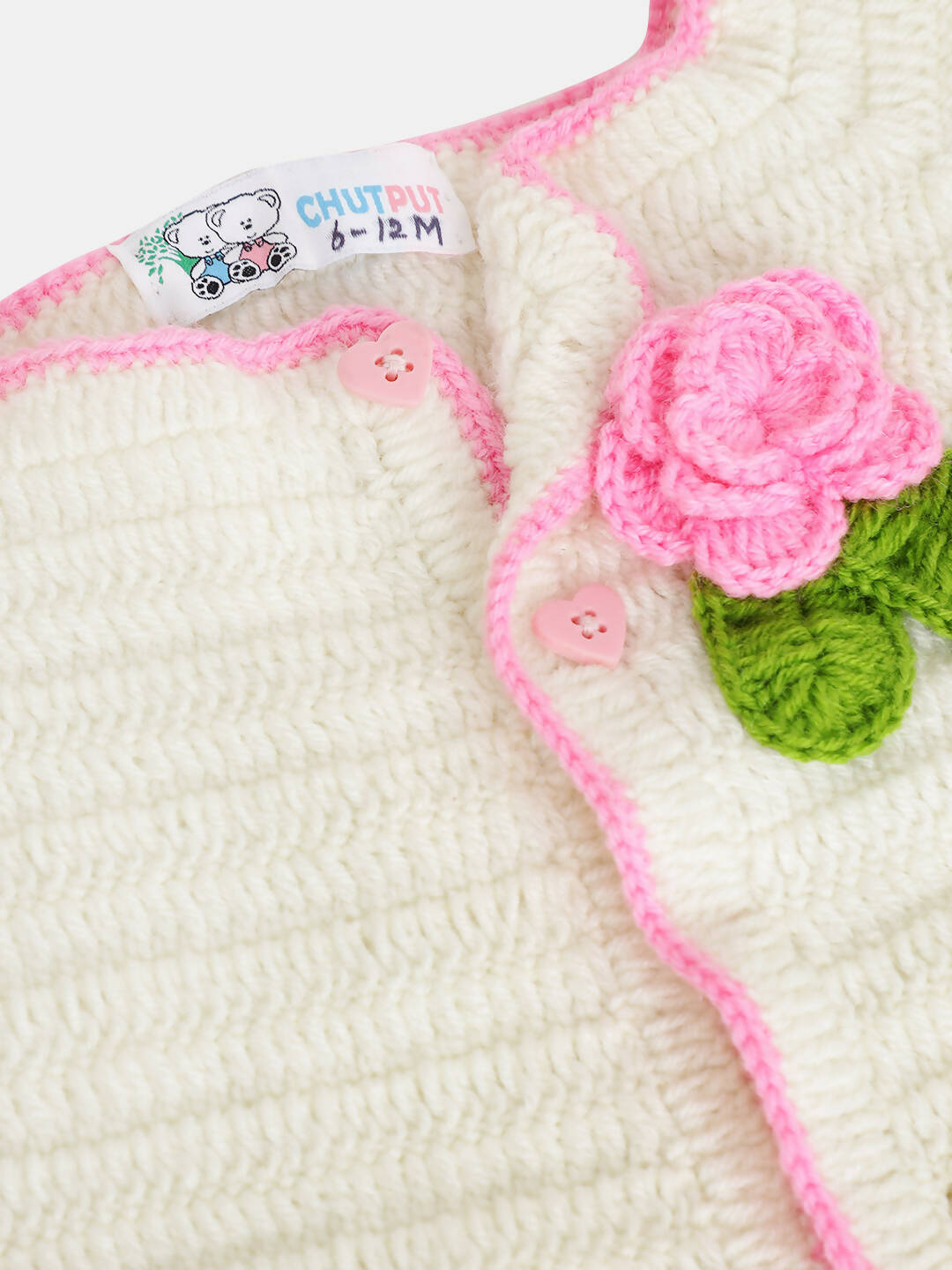 Chutput Kids Woollen Hand Knitted Full Sleeves Cardigan With Short Sleeves Flower Work Dress For Baby Girls - Cream