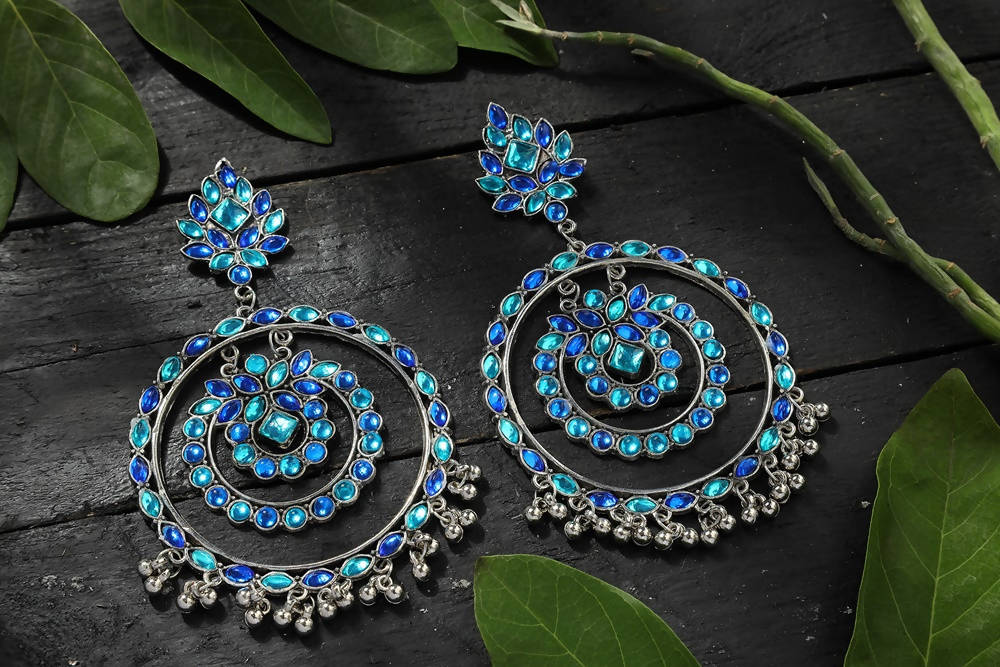 Mominos Fashion Johar Kamal Women's Blue Kundan Circles Earrings