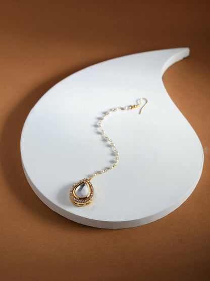 Gold-Polished White Kundan-Studded Pearl Beaded Maang Tikka - Ruby Raang