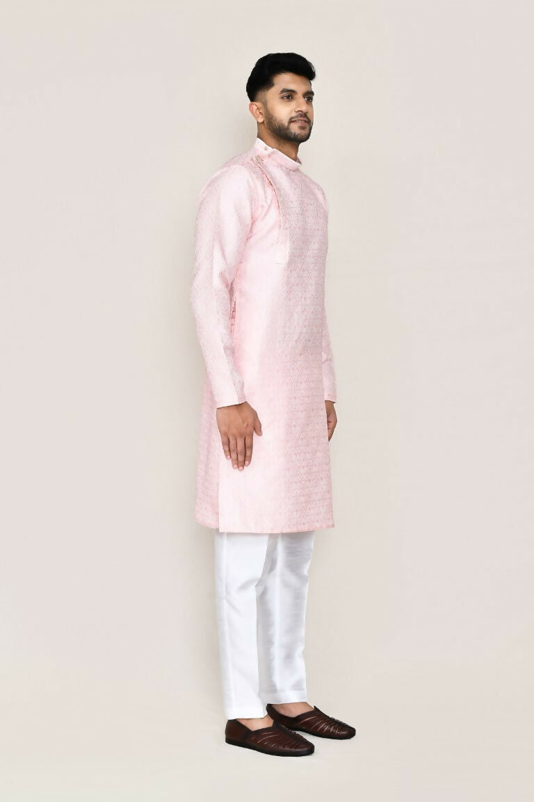 Joban Fashion Red Colored Weaving Silk Fabric Kurta With Straight Fit Pant