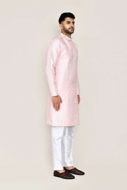 Joban Fashion Red Colored Weaving Silk Fabric Kurta With Straight Fit Pant