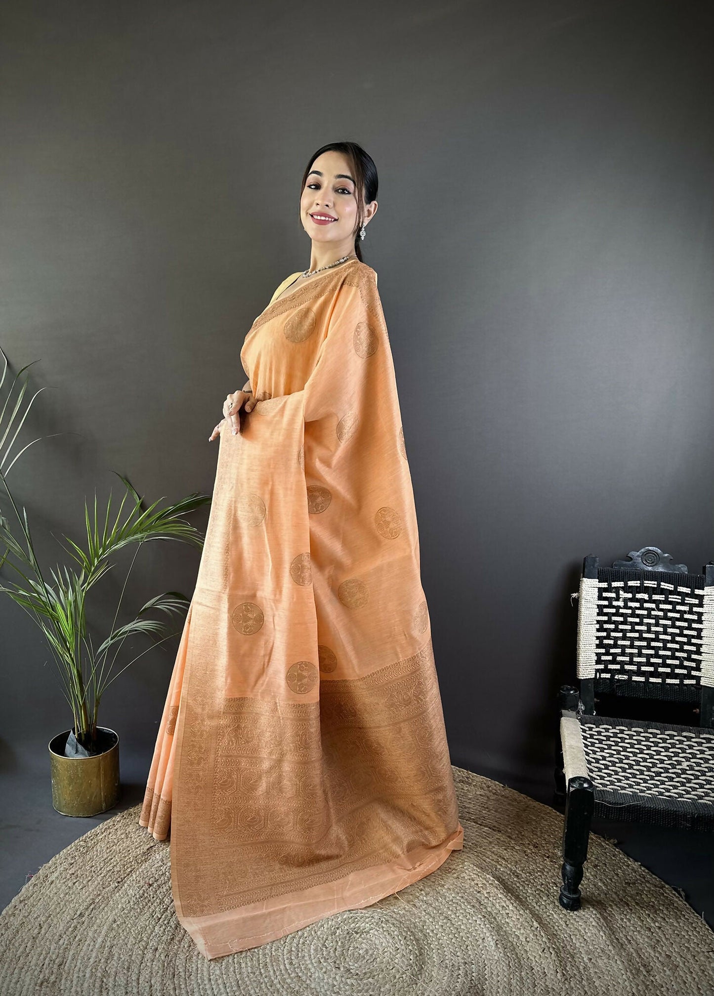 Joban Fashion Orange Floral & Paisley Linen Silk Banarasi Saree