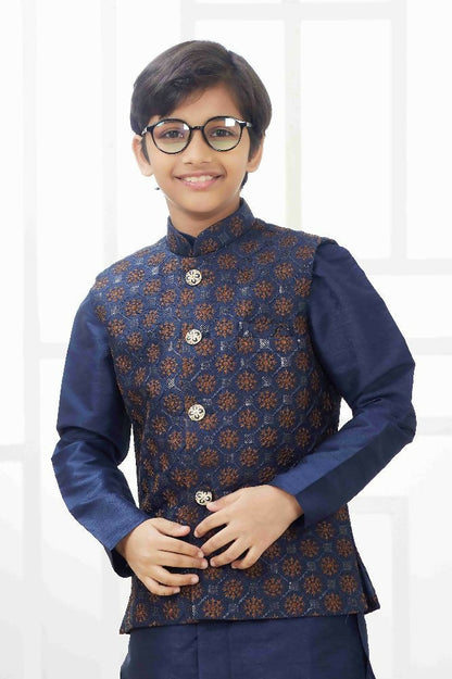 Raivat Ethnic Art Silk Embroidery Work 3 Pics Jacket Set In Navy Blue Colour