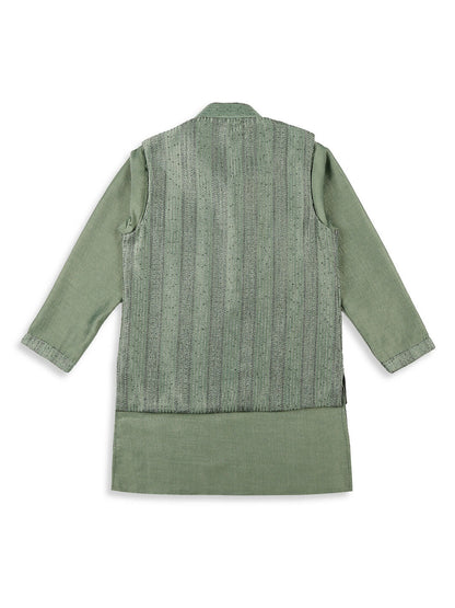 Joban Fashion Kids Island Embroidery Sequence Full Sleeves Kurta, Pyjama Set with Nehru Jacket - Green