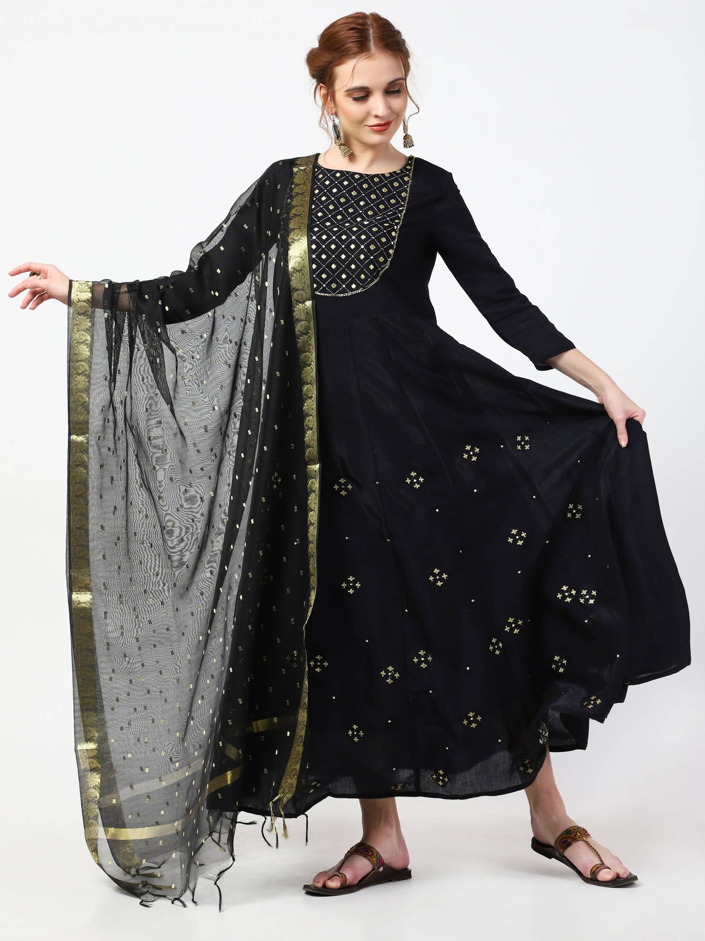 Cheera Embellished Party Wear Anarkali Dress with Dupatta - Black