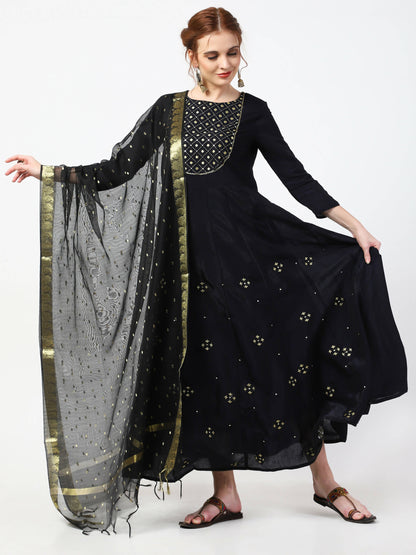 Cheera Embellished Party Wear Anarkali Dress with Dupatta - Black