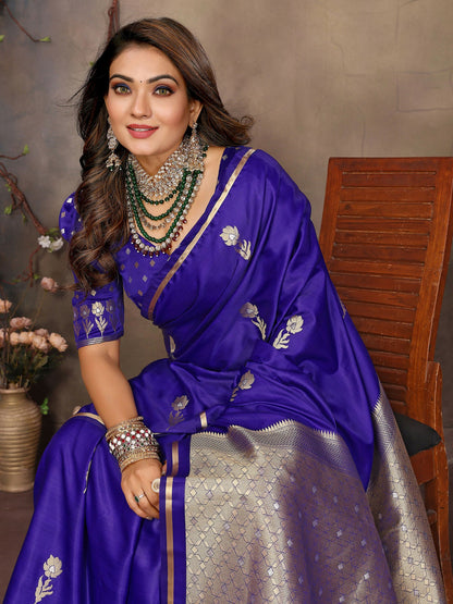 Joban Fashion Indigo Blue Floral & Botanical Motifs Satin Silk Banarasi Silk Saree