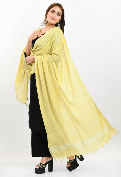 Mominos Fashion Moeza Women's Linen Cotton Silver Border Lemon Yellow Dupatta