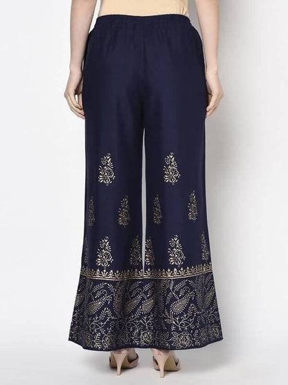 Aniyah Rayon Navy Blue Color Block Print Flared Slip-On Palazzo (AN-211K)