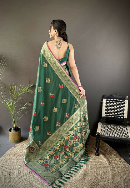 Joban Fashion Green Elephant & Floral Motifs Soft Lichi Silk Banarasi Saree