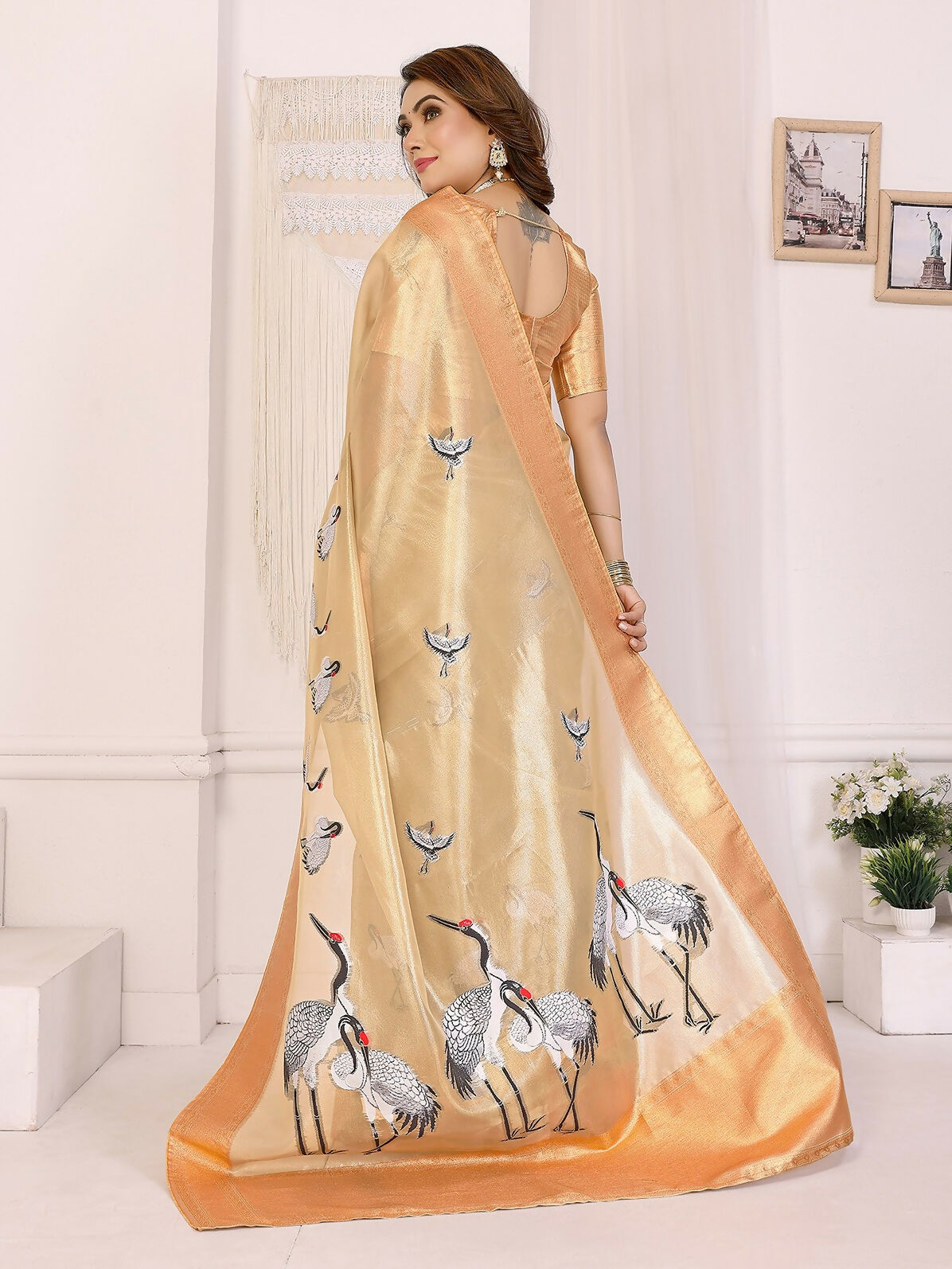 Joban Fashion Golden Cranes Patterns Banarasi Silk Sarees