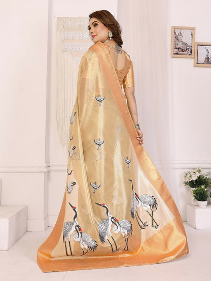 Joban Fashion Golden Cranes Patterns Banarasi Silk Sarees
