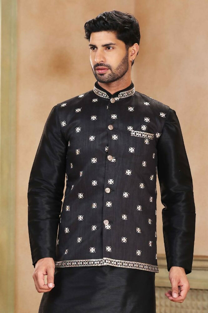 Raivat Ethnic Jacquard Banarasi Silk Woven Work 3 Pics Jacket Set In Black Colour