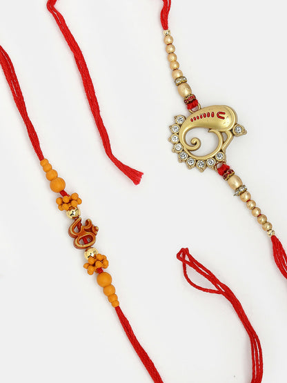 NVR Men Set of 2 Gold-Toned Ganesha Stone-Studded Rakhi With Roli Chawal & Chocolate
