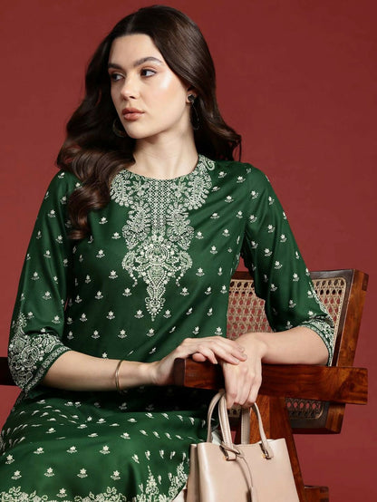 Cheera Women Stylish Hand Block Printed Cotton Blend Flared Kurta - Green