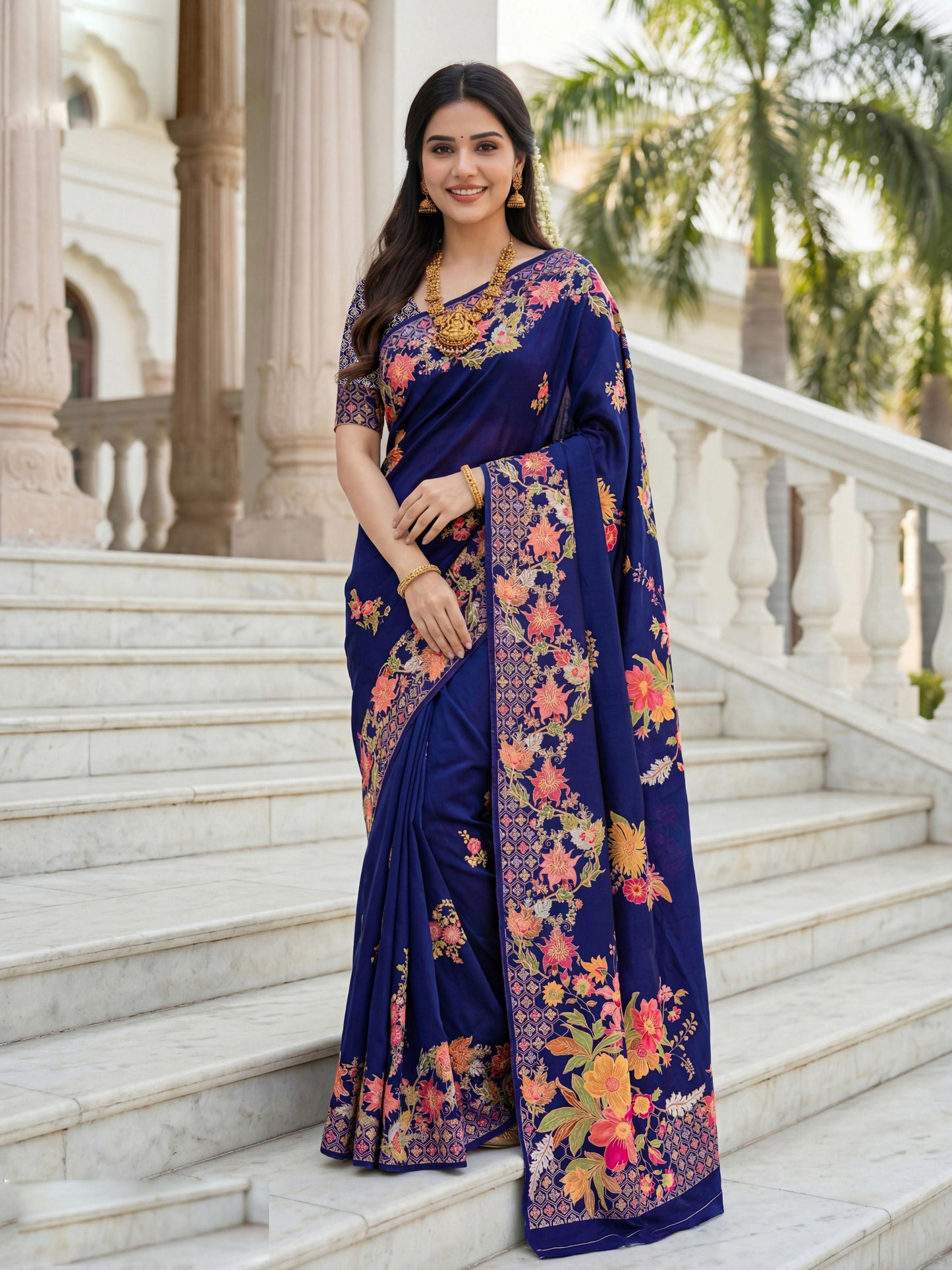Aastha Fashion Royal Blue Premium Russian Silk Designer Floral Position Print Saree