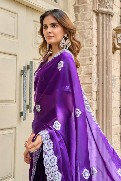 Vastranavya Purple-Blue Embroidery Work Shimmer Chiffon Saree with Unstitched Blouse