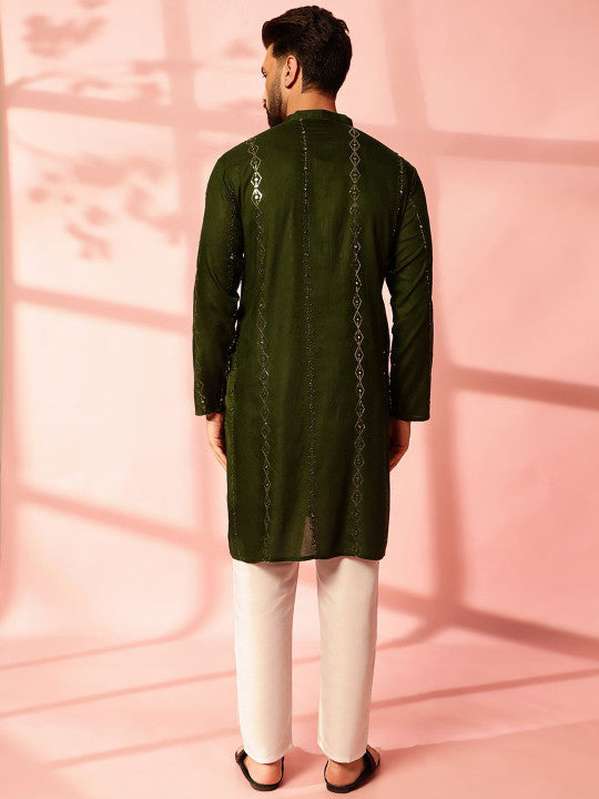 Anouk Geometric Embroidered Sequinned Cotton Straight Kurta