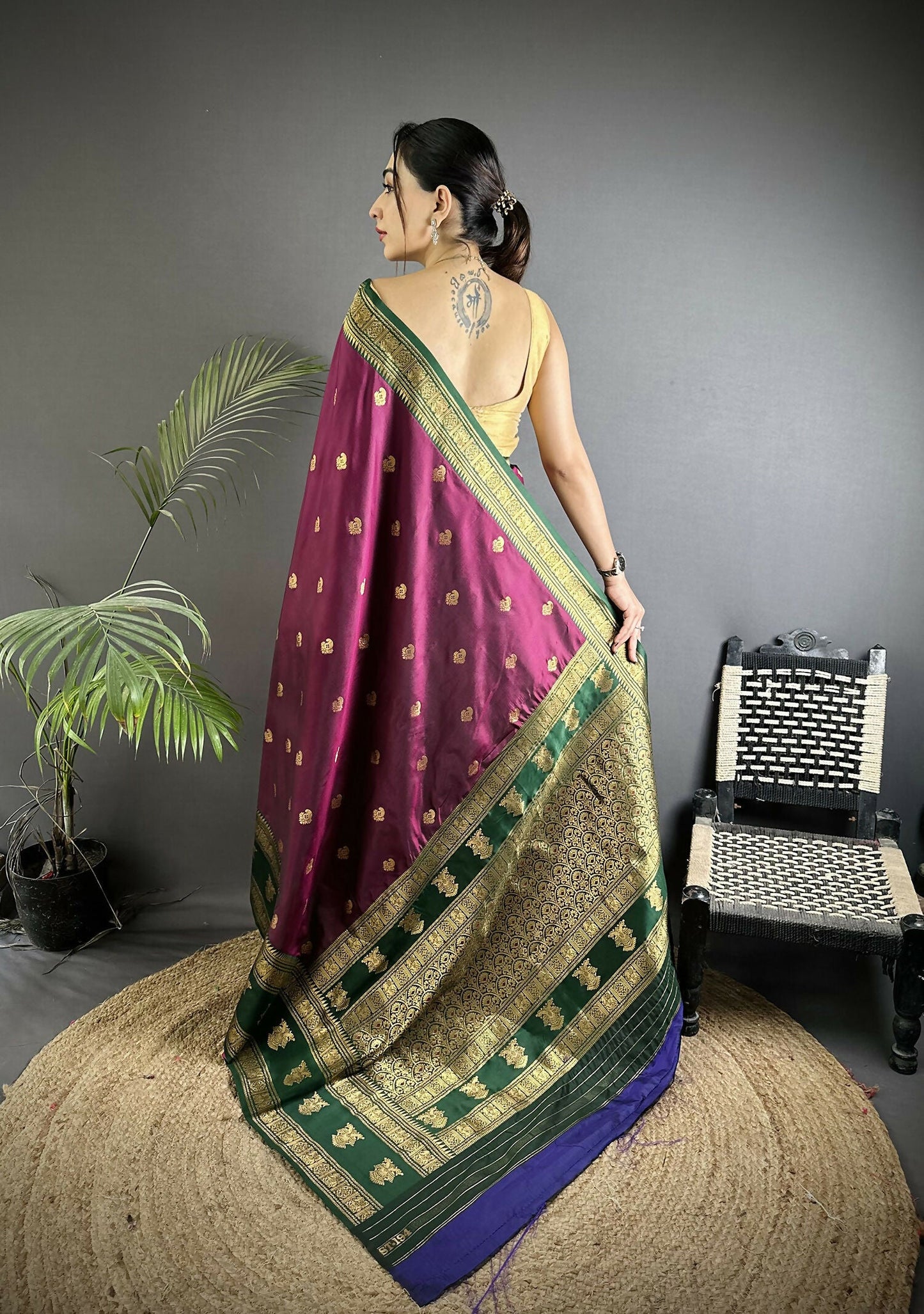 Joban Fashion Wine Banarasi Soft Silk Woven Butti Saree