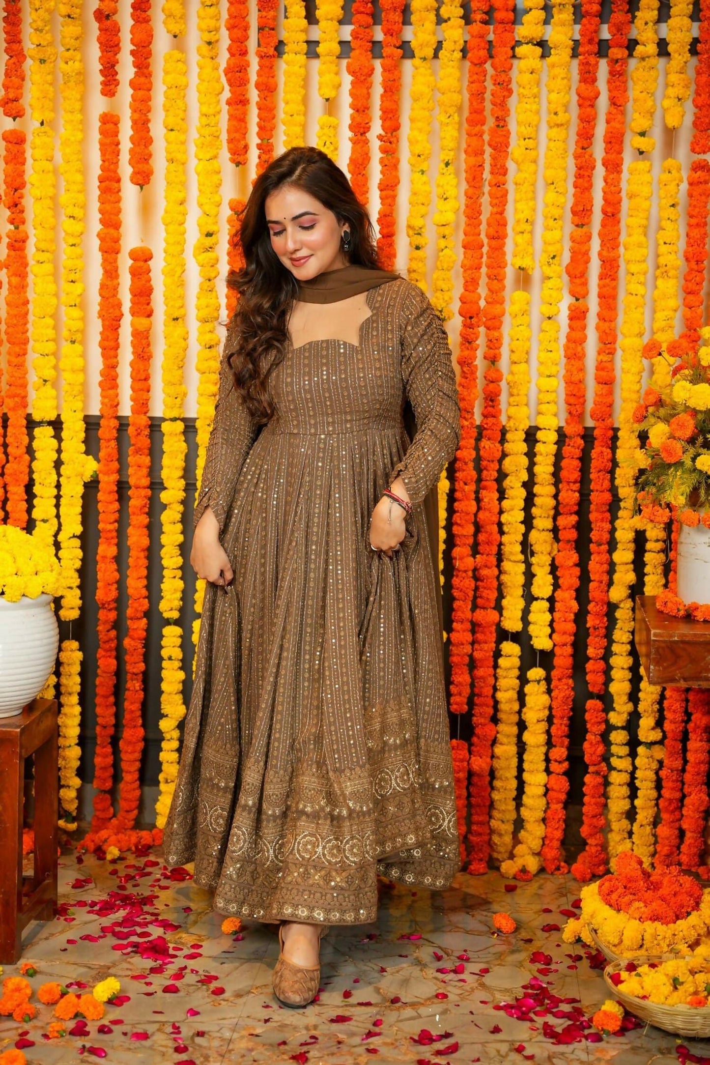Aayaa Designer Embroidery Zari Sequins Work Faux Blooming Georgette Suit - Brown