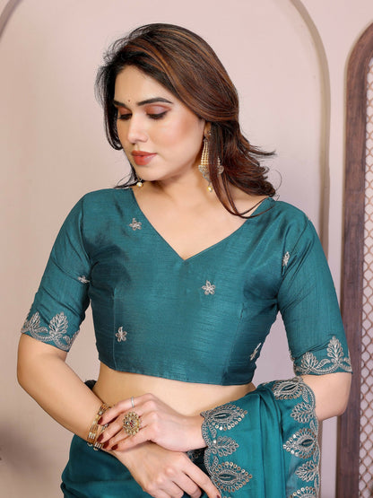 Teeya Creation New Trendy Party Wear Soft Satin Chiffon Saree-Teal