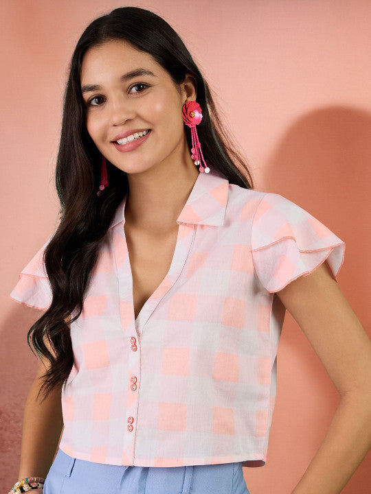 Sangria Checked Pure Cotton Shirt Style Collar Boxy Top