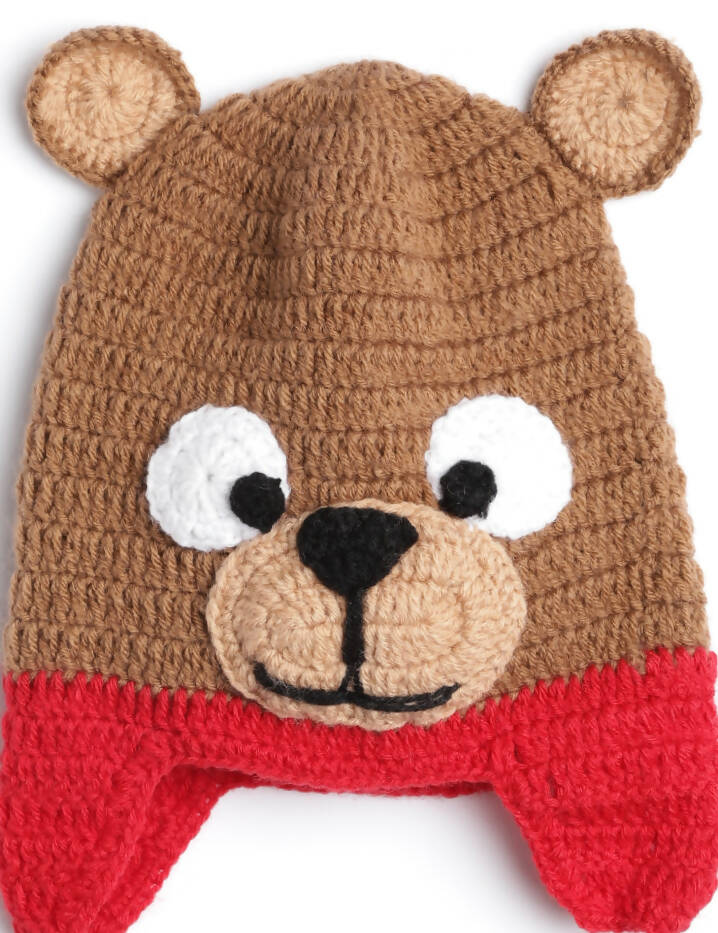 Chutput Kids Woollen Hand Knitted Bear Detail Cap - Brown