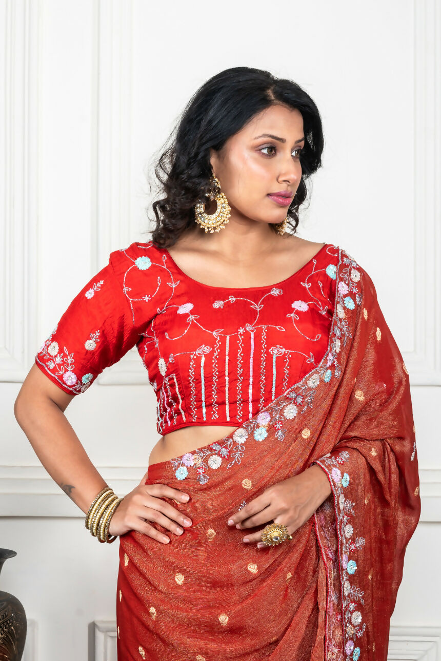 Morchari Rust Red Pure Chiffon Hand Embroidery Saree And Stitched Blouse