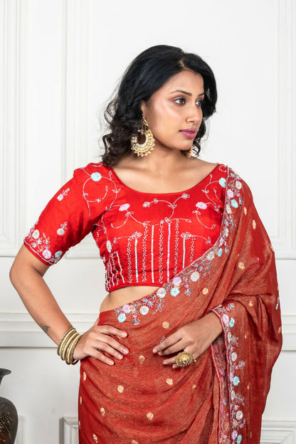 Morchari Rust Red Pure Chiffon Hand Embroidery Saree And Stitched Blouse